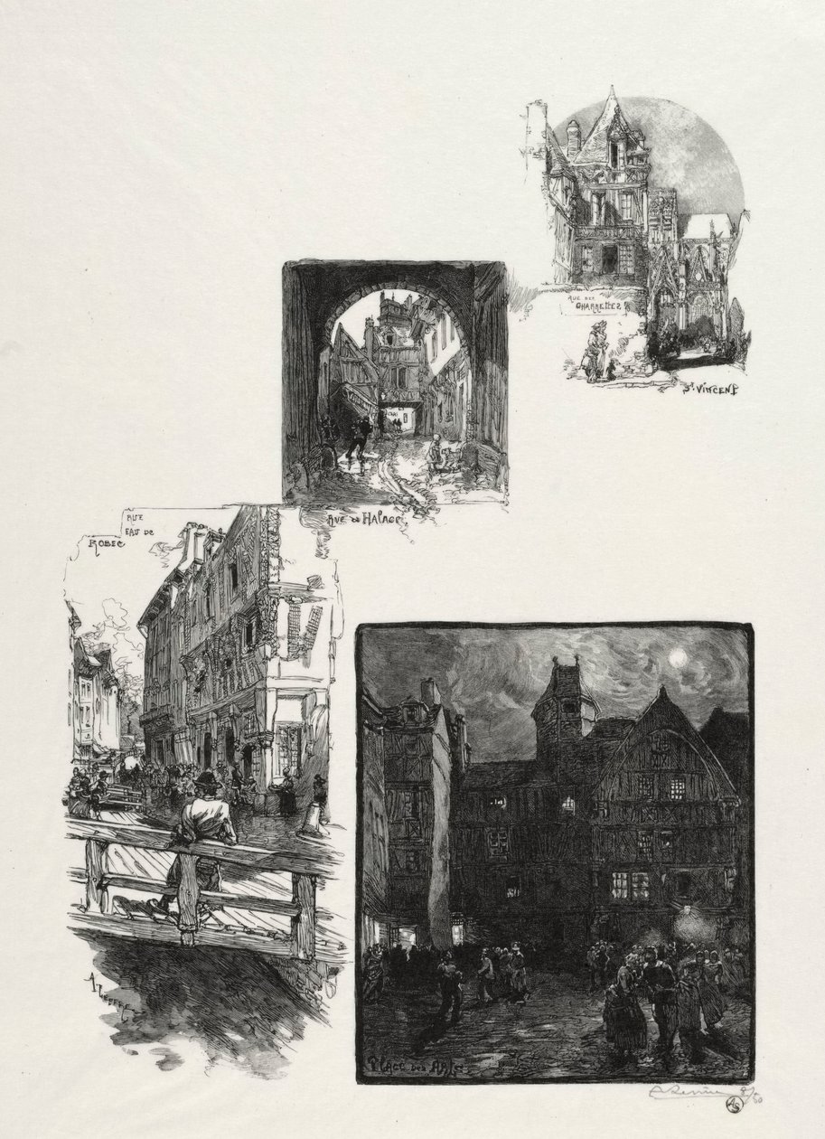 Ilustrované Rouen: Rue des Charretes, Rue de Halage, Rue Eau de Robec, Place des Arts, 1896. od Auguste Louis Lepère