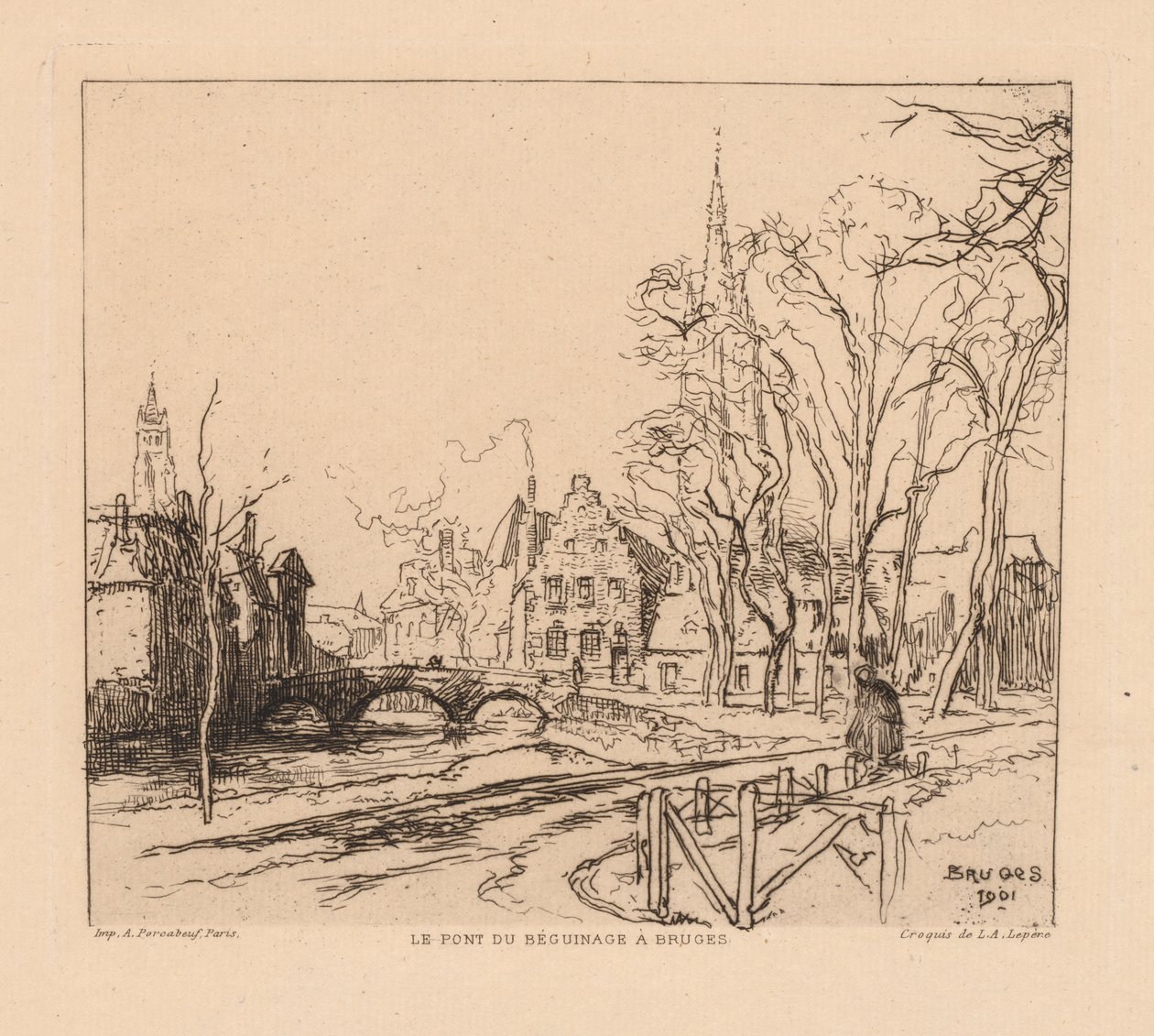 Béguinage Bridge v Bruggách La Pont du Beguinage à Bruges, 1901. od Auguste Louis Lepère