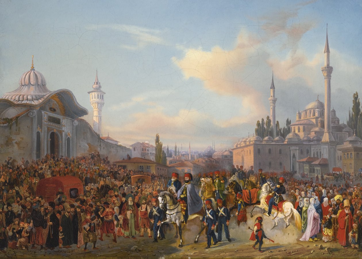 Sultan Mahmud II opouští Bayezidovu mešitu, Konstantinopol, 1837 od Auguste Etienne Francois Mayer
