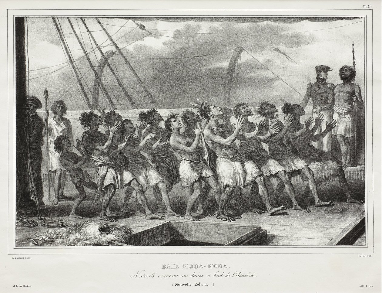 Zátoka Houa-Houa, domorodci předvádějící tanec na palubě lodi Astrolabe (Nový Zéland), [Uawa/Tolaga Bay, Natives Performing a Haka on Board the Astrolabe (New Zealand)] od Auguste Raffet