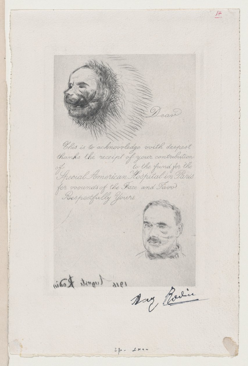 Potvrzení o příspěvku Speciální americké nemocnice v Paříži pro rány na obličeji a ..., 1916. od Auguste Rodin