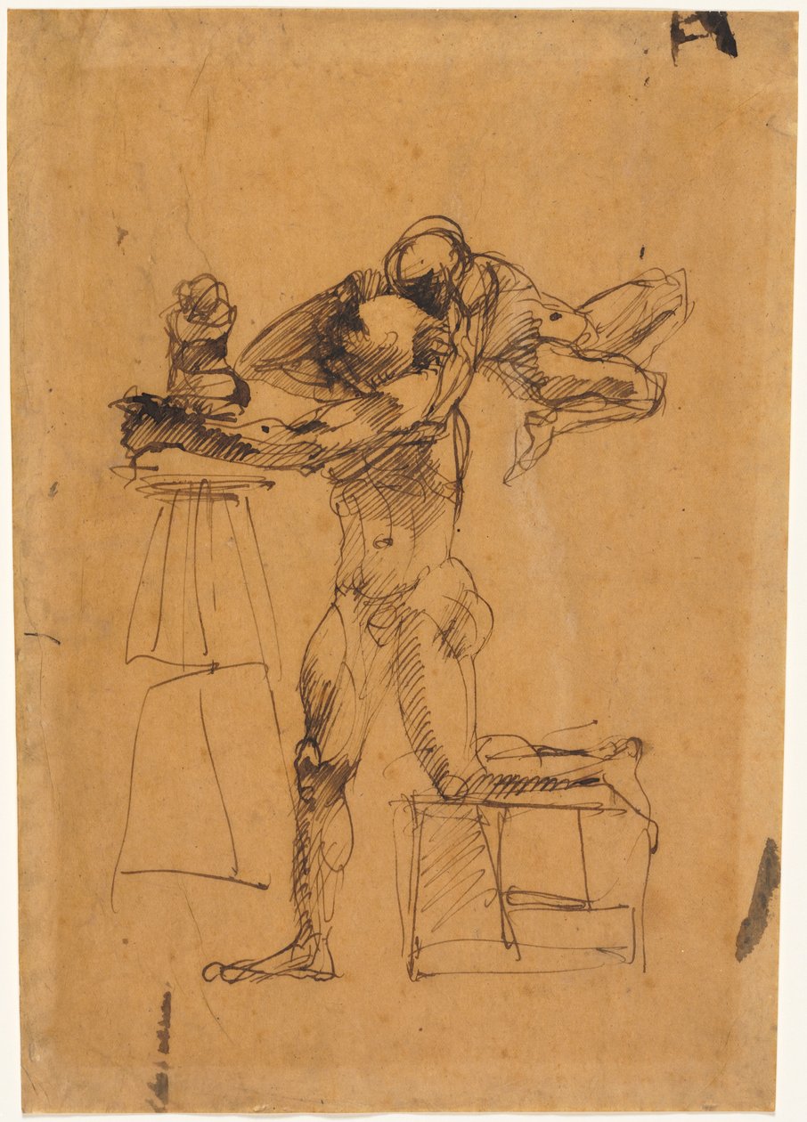 Sochařův génius, asi 1880-83 (pero a hnědá tuš) od Auguste Rodin