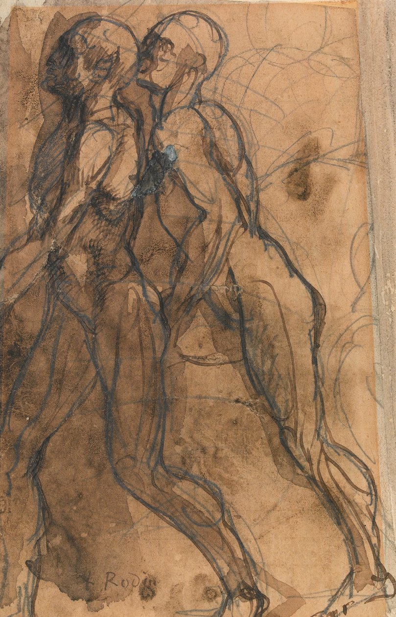 Odstíny se blíží k Dantovi a Virgilovi (grafit, pero a tmavá sépiová barva na lesklém papíře) od Auguste Rodin