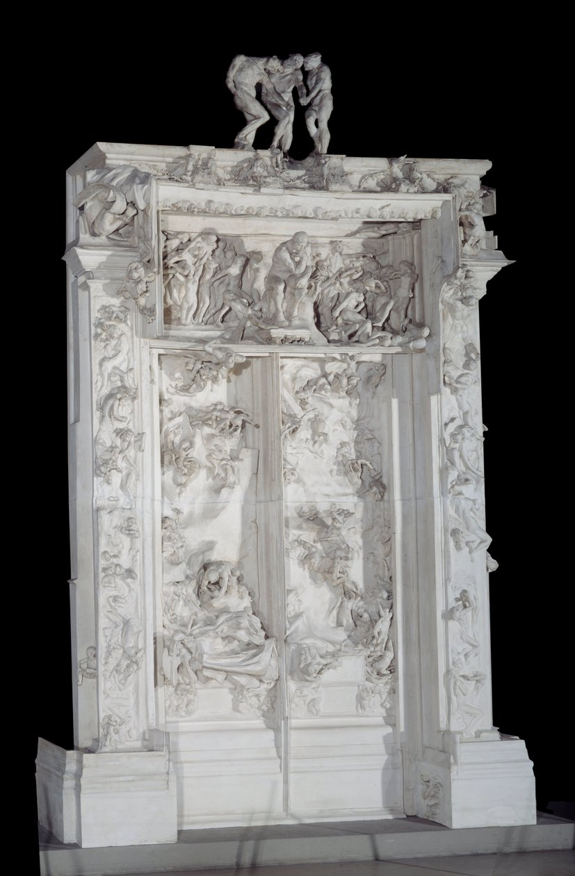 Dveře do pekel. Vysoký reliéf v sádře překonává skupinu stínů od Auguste Rodin
