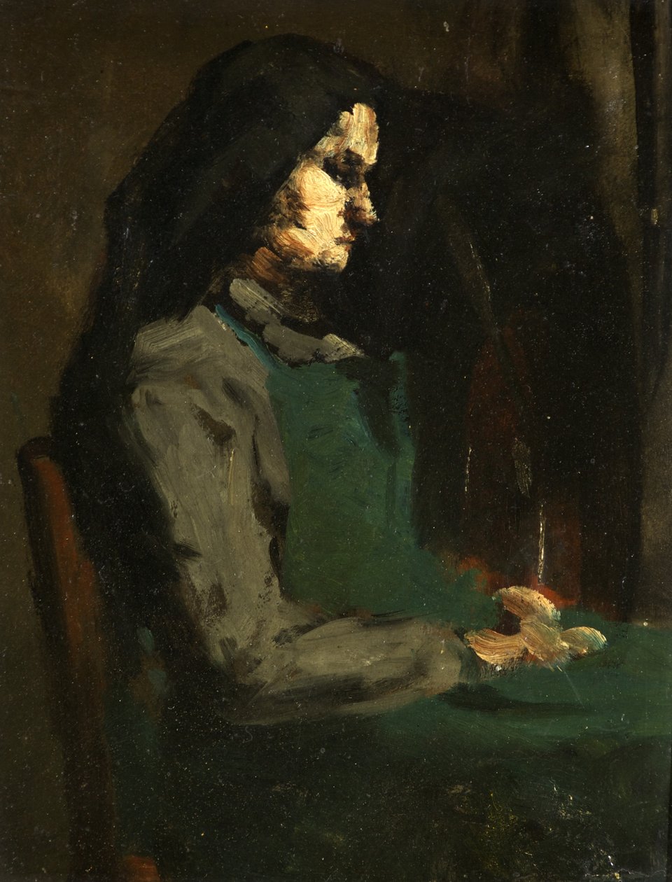 Žena se zelenou zástěrou (olej na kartonu) od Auguste Theodule Ribot