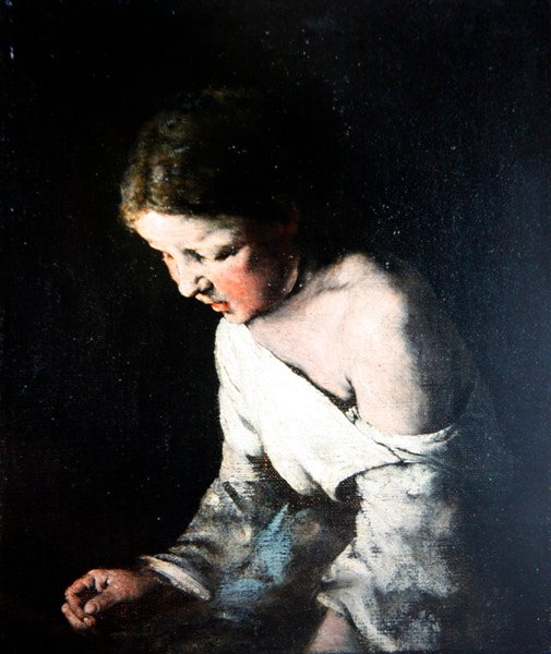 Šití mladé dívky, kolem roku 1865 (olej na plátně) od Auguste Theodule Ribot