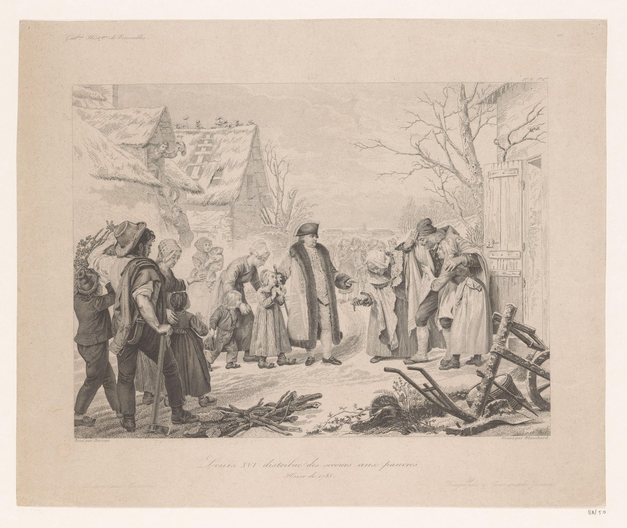 Ludvík XVI. na návštěvě chudé čtvrti Louis XVI distribution des secours aux pauvres (název na předmětu) od Auguste Thomas Marie Blanchard