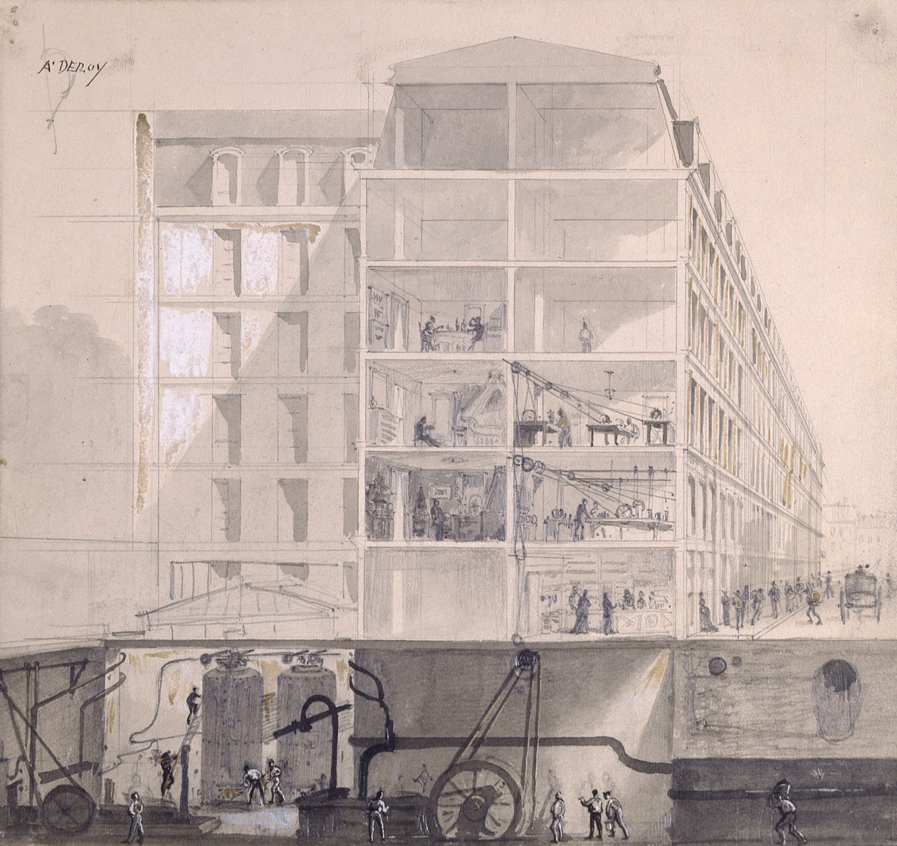 Průřez ubytováním dělníků v XIth Arrondissement v Paříži, kolem roku 1875 (pero, inkoust a kvaš na papíře) od Auguste Victor Deroy