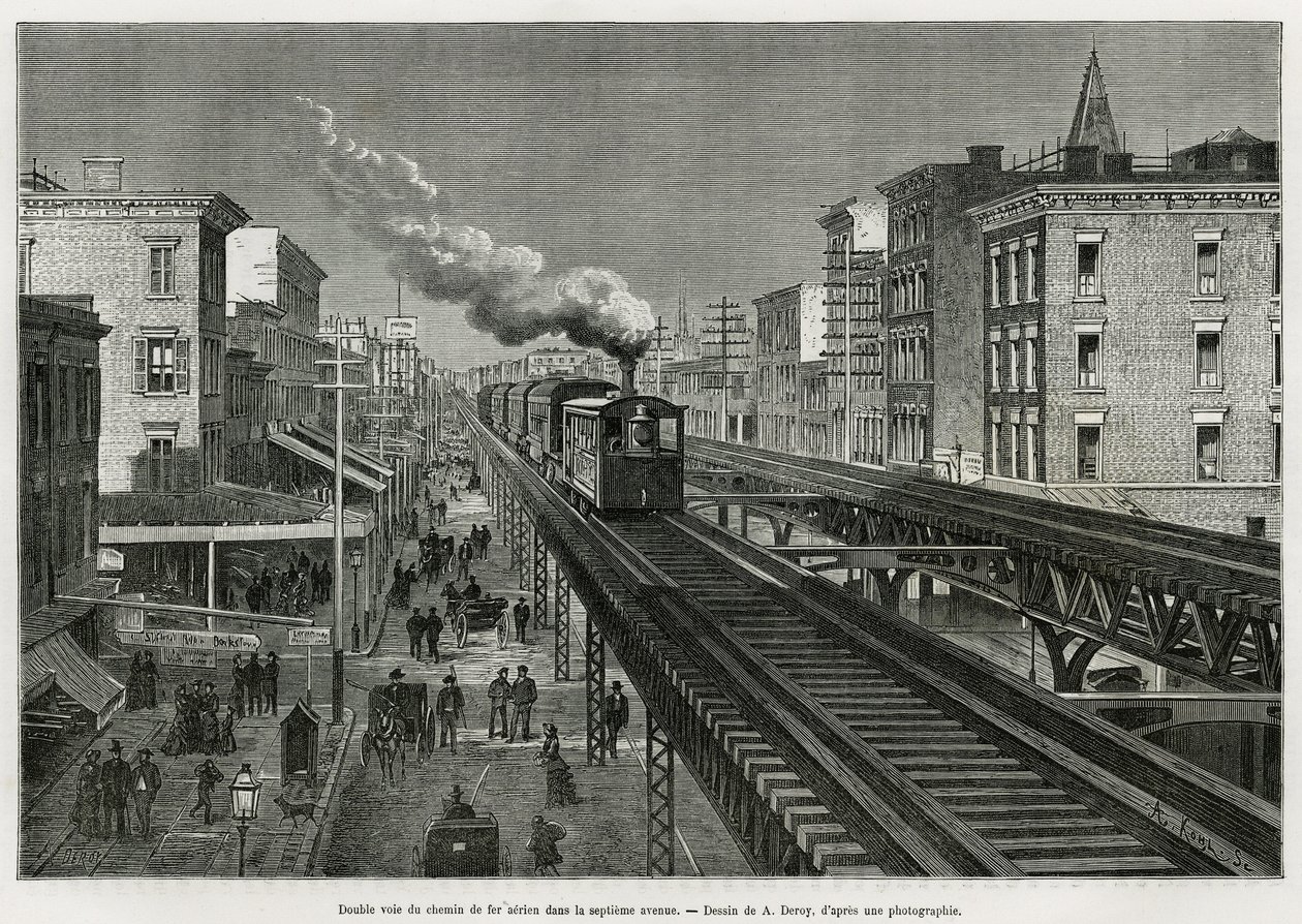 Dvojkolejná dráha Airline Railway na Seventh Avenue, New York, New York. Edouard de Laveleye, v letech 1878-1879, publikovaný v Tour du monde, pod vedením Edouarda Chartona (1807-1890) od Auguste Victor Deroy