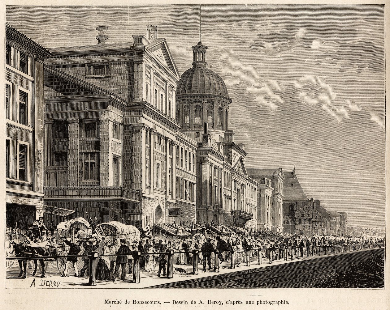 Le marche de Bonsecours, turistické a kulturní centrum Montrealu, vyryto podle kresby A. Deroye, ilustrující výlet do Kanady a Riviere Rouge du nord, od H. De Lamotte, v roce 1873, publikované v „“ Le tour du monde””” 1875, editoval Edou od Auguste Victor Deroy