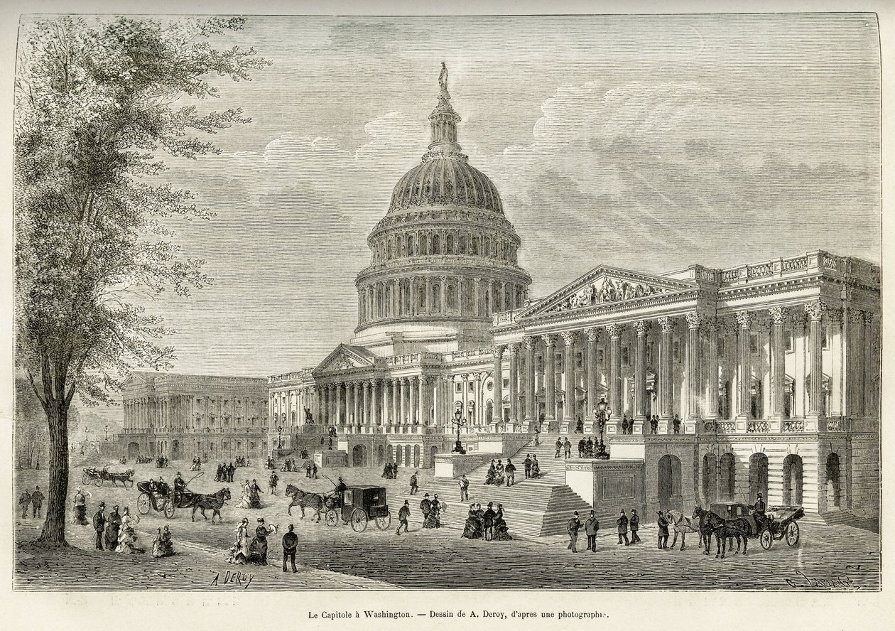 Kapitol, sídlo zákonodárného sboru, postavený v letech 1793 až 1830 ve Washingtonu (District of Columbia), hlavním městě Spojených států. Rytina podle kresby A.Deroye, k ilustraci příběhu La conquete blanche, od Williama Hepwortha Dixona, v roce 1875, str. od Auguste Victor Deroy
