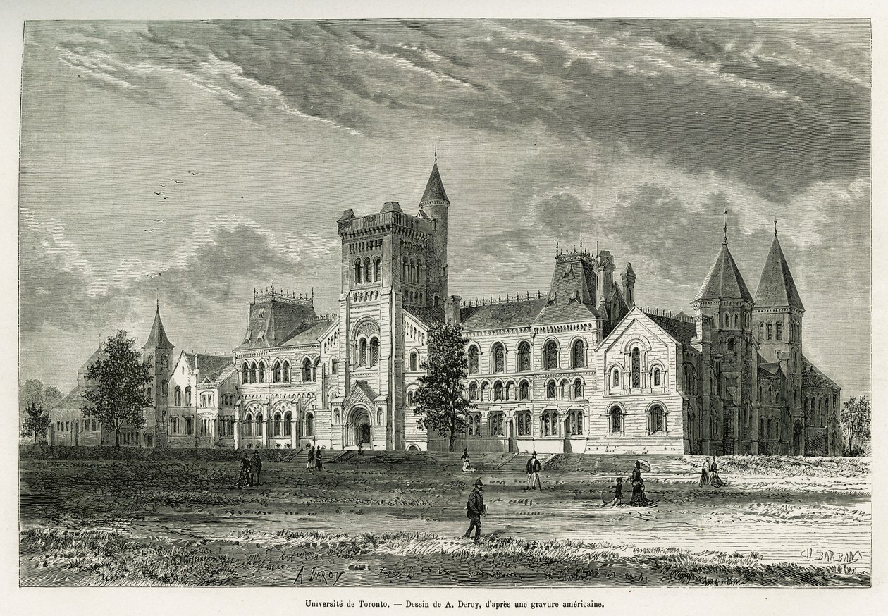 University of Toronto, kresba A.Deroye, k ilustraci příběhu exkurze do Kanady a Severní Rudé řeky v roce 1873 od H. de Lamotte. Rytina v Le tour du monde od Auguste Victor Deroy