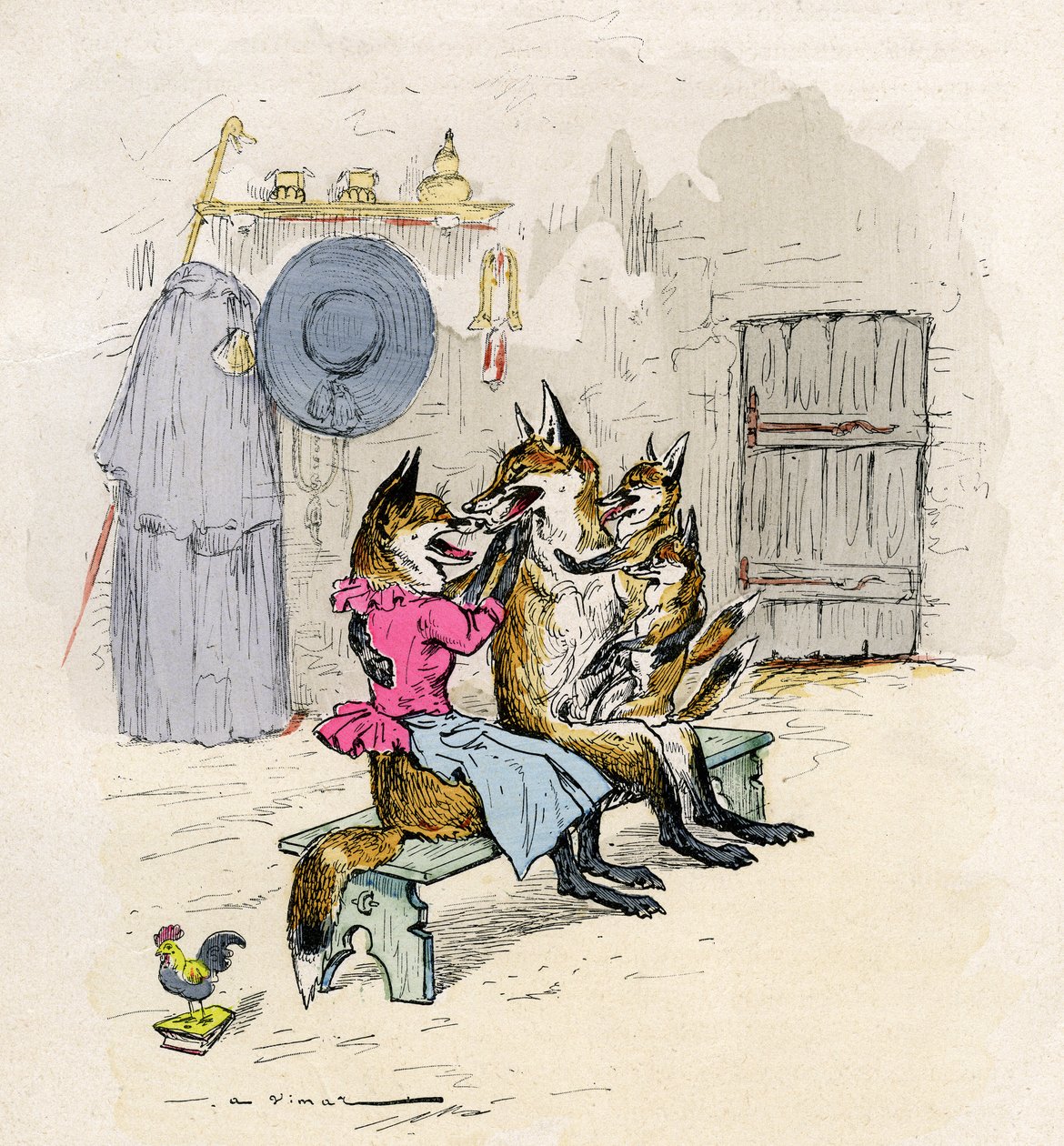 Ilustrace A. Vimara pro Novel de Renart (román o lišce), edice Henri Laurens 19. století - liška Goupil a Hermeline, jeho žena, domov, s dětmi lišky - od Auguste Vimar