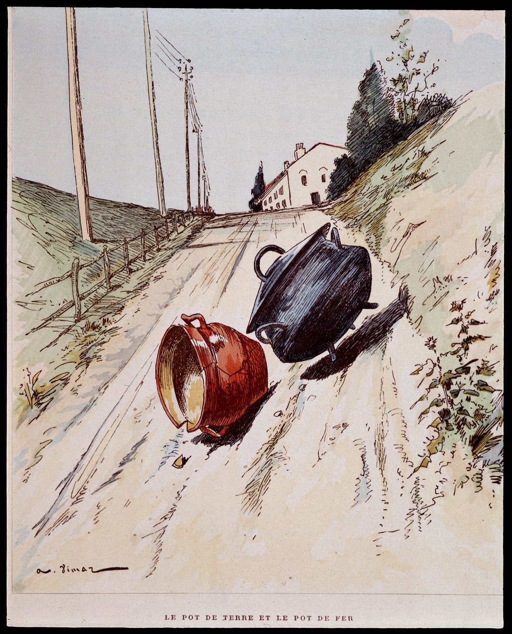 Hliněný hrnec a železný hrnec - v „“Les Fables de La Fontaine“, nemocný. od Auguste Vimara (1851-1916), Tours, v A, Mame & Son od Auguste Vimar