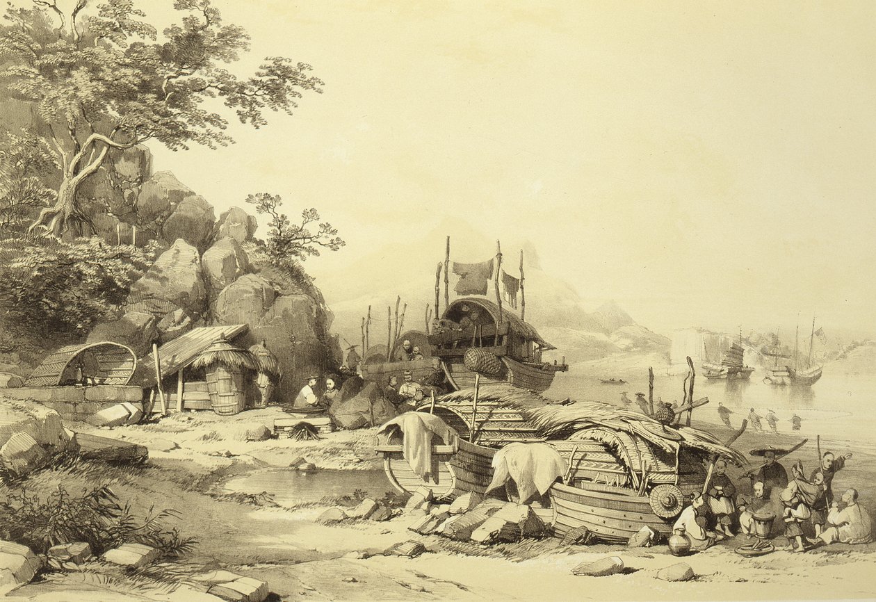 House Boats on the Bay of Cowloon, deska 6 ze Sketches of China, vyryla Eugene Ciceri (1813-90) 1842 (tónované litho) od Auguste after Borget
