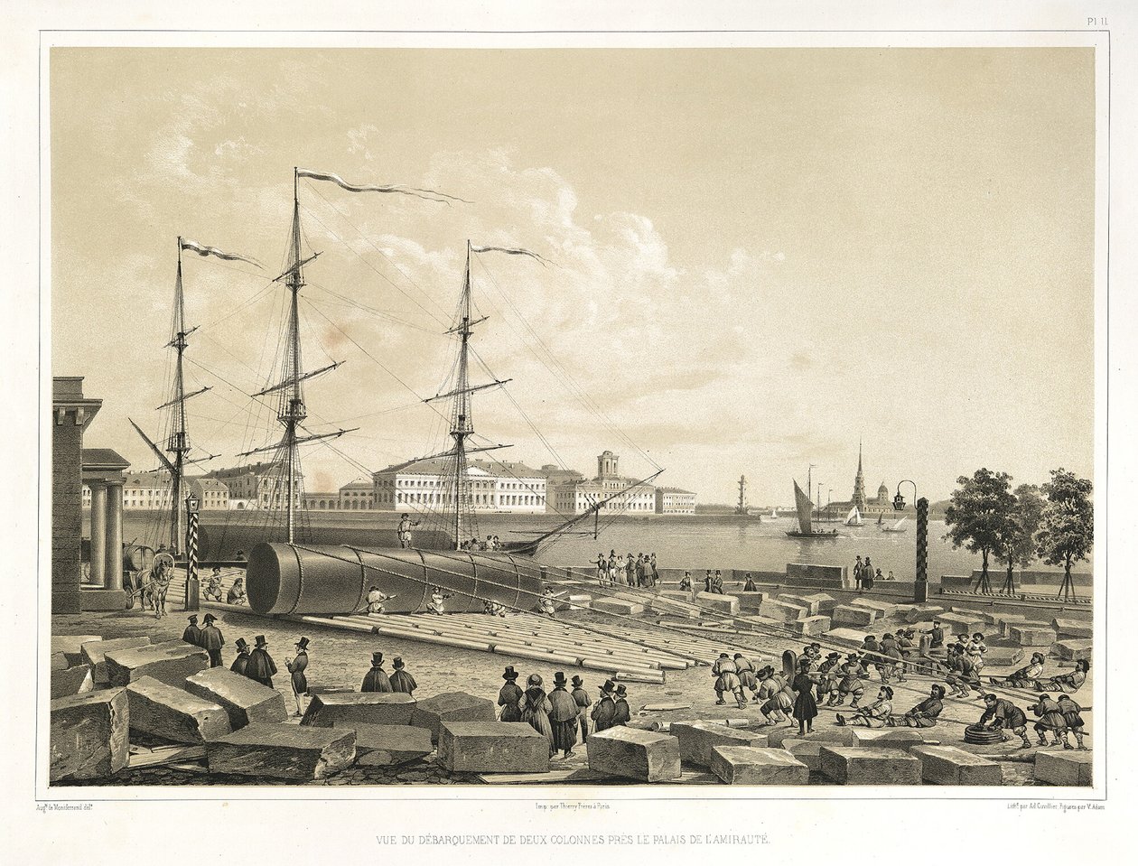 Vykládání dvou sloupů u admirality Z: Stavba katedrály svatého Izáka, 1845 od Auguste de Montferrand
