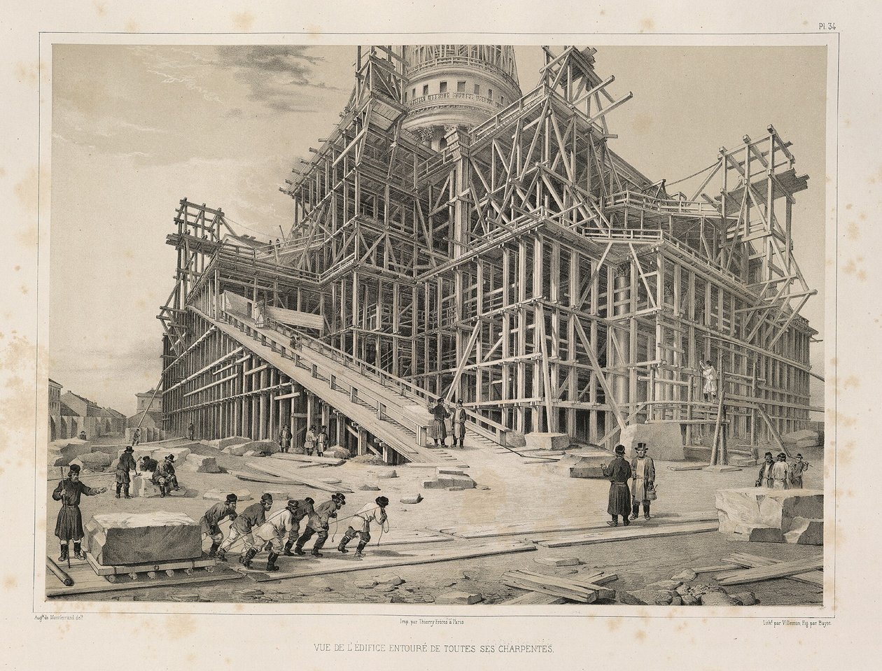 Pohled na katedrálu obklopenou dřevěným lešením Z: Stavba katedrály svatého Izáka, 1845 od Auguste de Montferrand