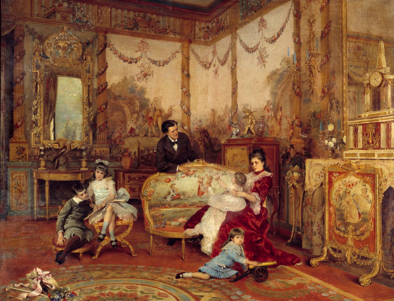 Viktoriánský Sardou (1831 - 1908), dramatik a jeho děti. Pohled z interiéru obývacího pokoje s krbem před krbem. Obraz Auguste La Brely (1838-1906) od Auguste de la Brely