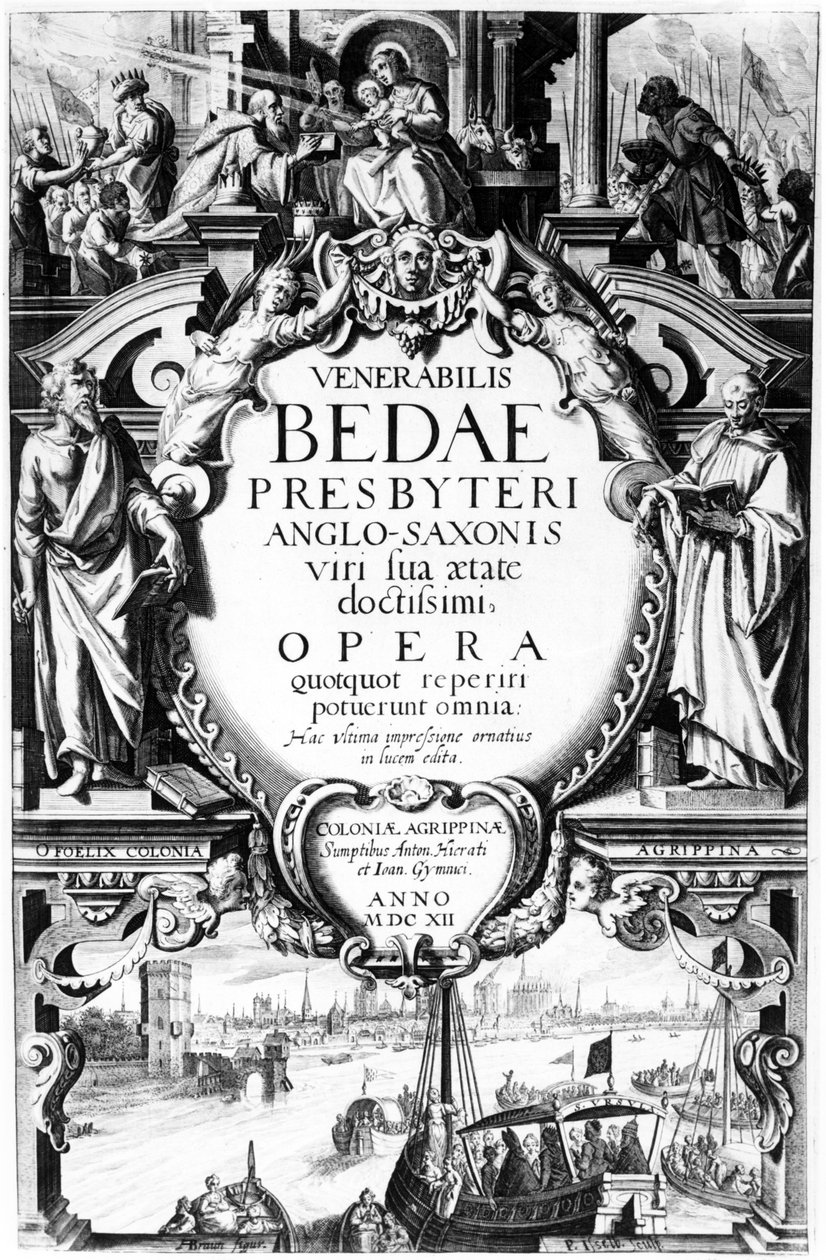 Titulní strana ctihodné Bedy anglosaských kněží, tisk Peter Isselburg, vydaný v Kolíně nad Rýnem, 1612 (rytina a knihtisk) od Augustin Braun