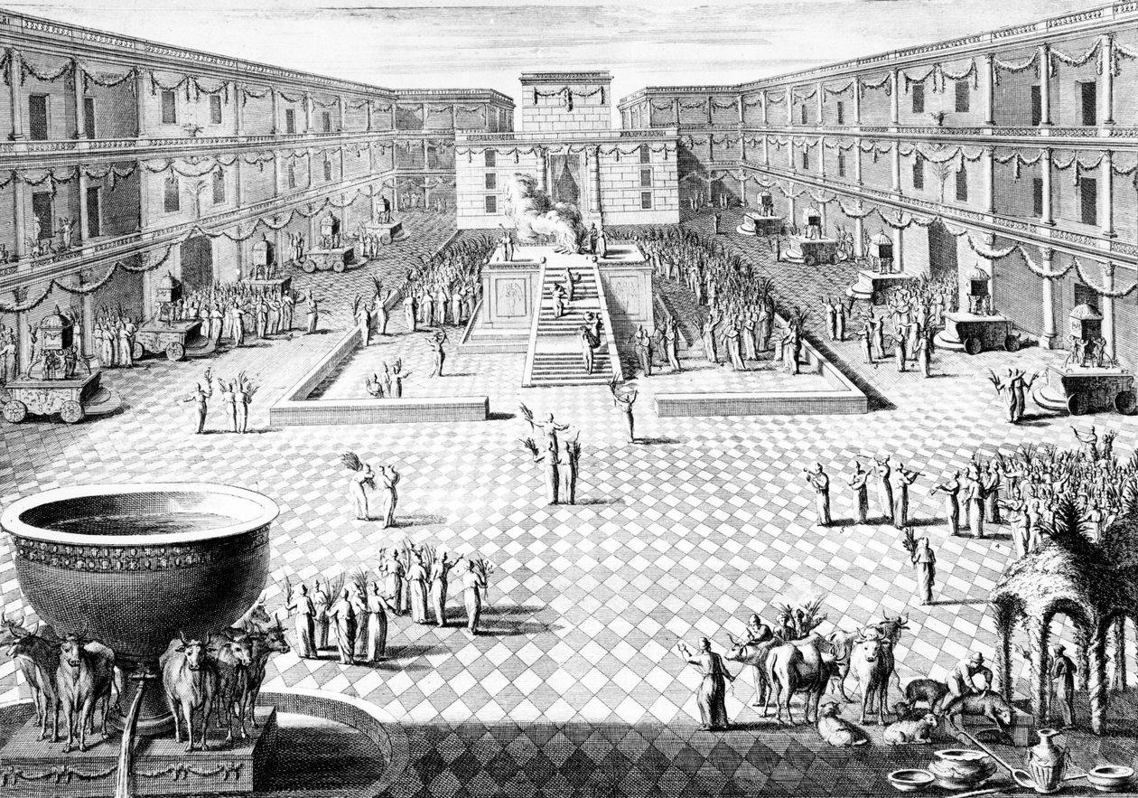 Rekonstrukce uzákonění obřadů v Šalamounově chrámu během posledního dne (Hoshannah Raba) židovského festivalu Sukot, ilustrace z Dictionnaire Historique de la Bible, 1722 (cs od Augustin Calmet