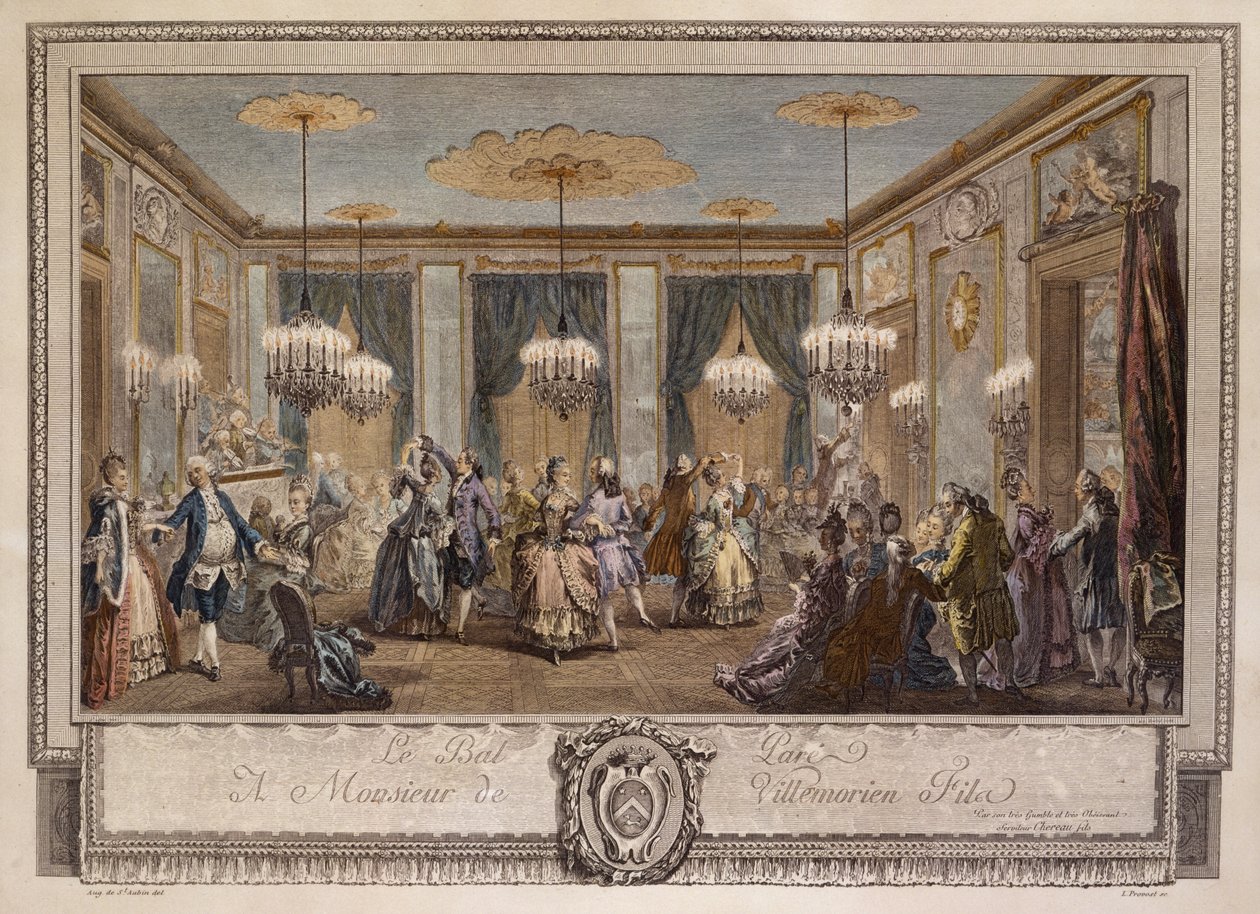 Le Bal Pare a Monsieur de Villemorien Fila, ryl L. Provost (ručně kolorovaná rytina) od Augustin de Saint Aubin