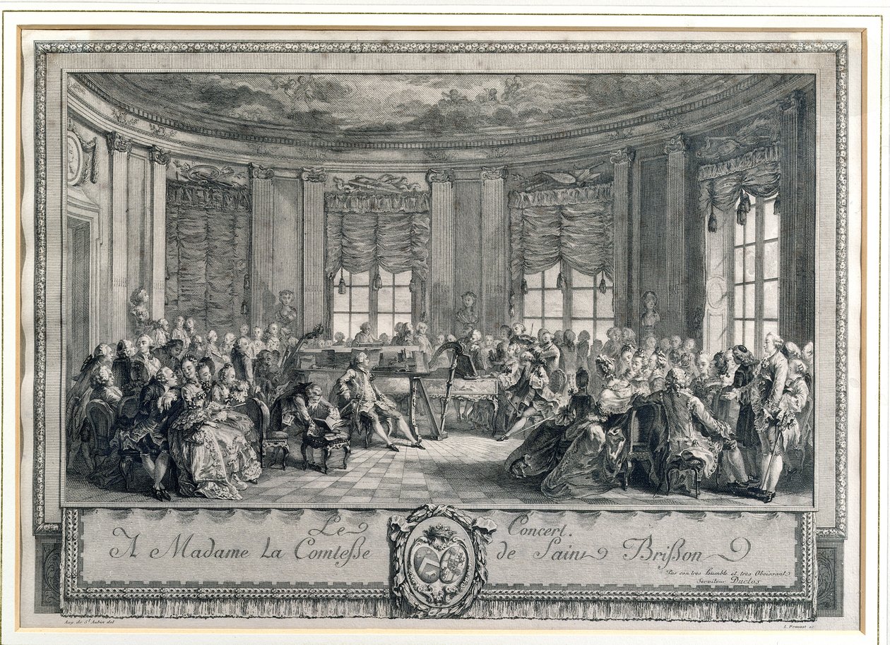 Koncert v domě hraběnky ze Saint Brisson, rytina L. Provosta od Augustin de Saint Aubin