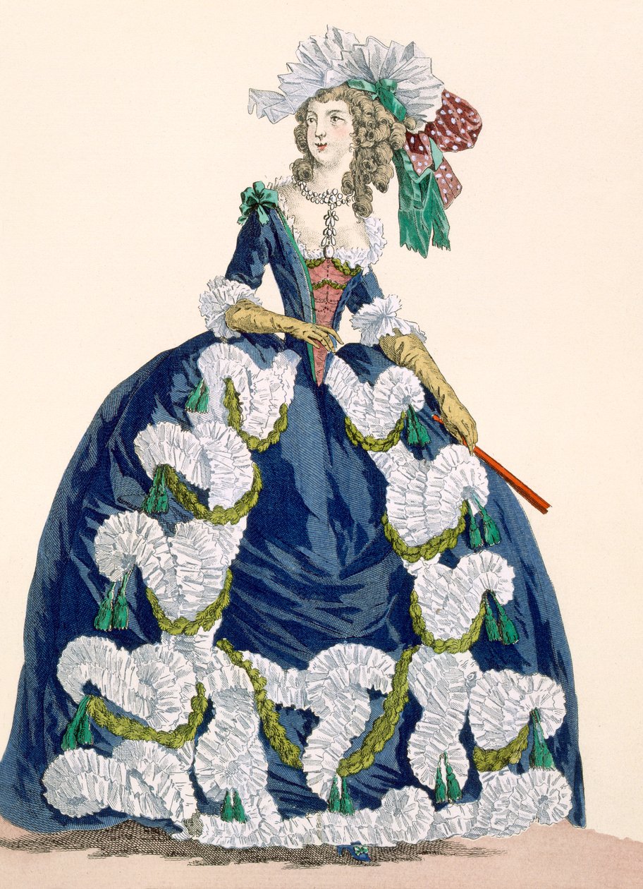 Propracované královské dvorní šaty v tmavě modré barvě s bohatým bílým volánem, vyryl Dupin, deska č. 277 z "Galeries des Modes et Costumes Francais", asi 1778-87. od Augustin de Saint Aubin