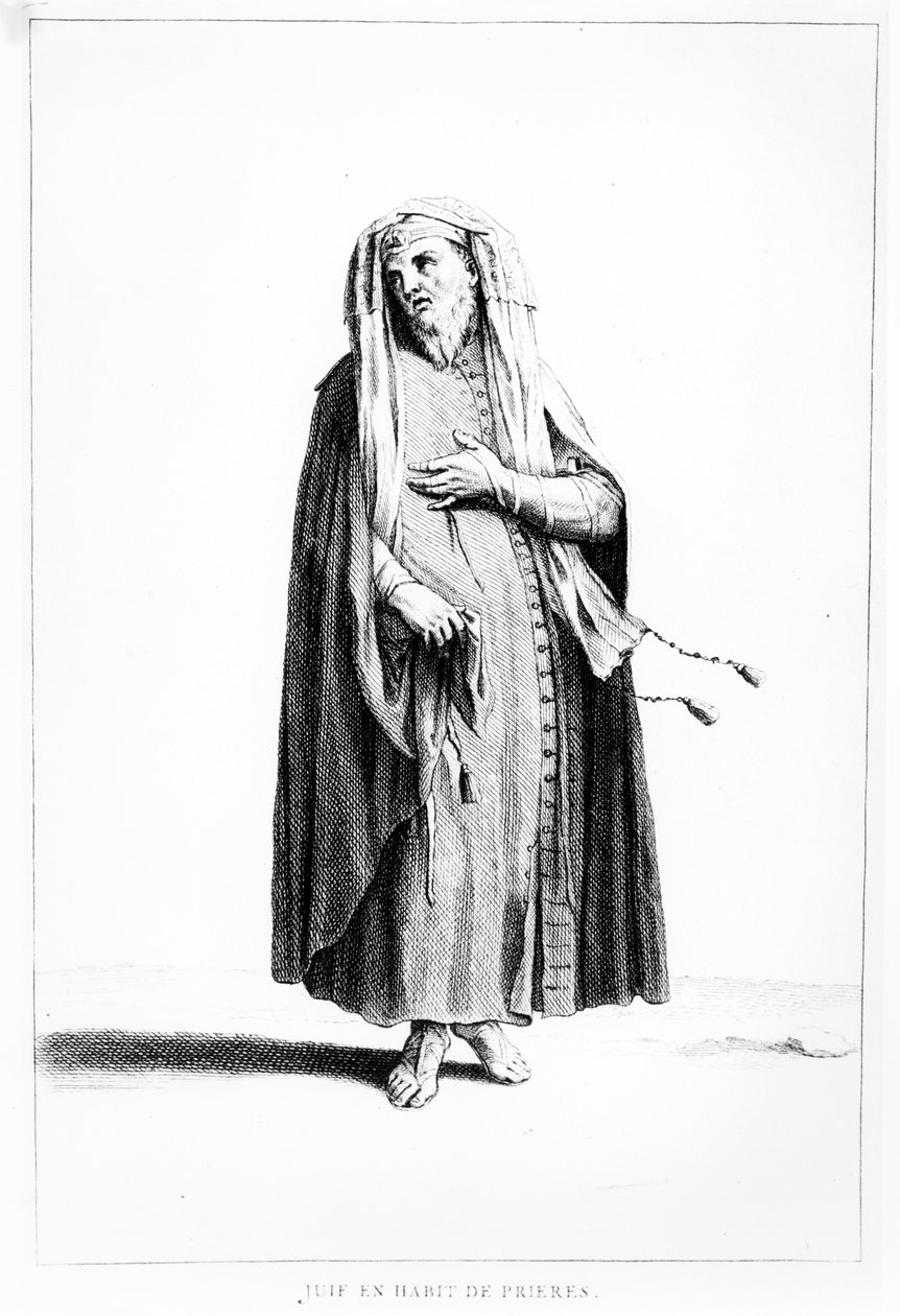 Francouzský židovský muž oblečený k modlitbě, ilustrace z Dictionnaire Historique de la Bible, 1722 od Augustin Calmet