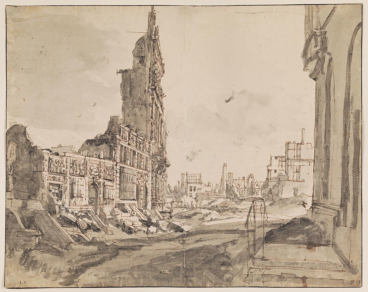 Pohled na severovýchodní a severozápadní rohy Grand Place po bombardování v roce 1695 od Augustin Coppens