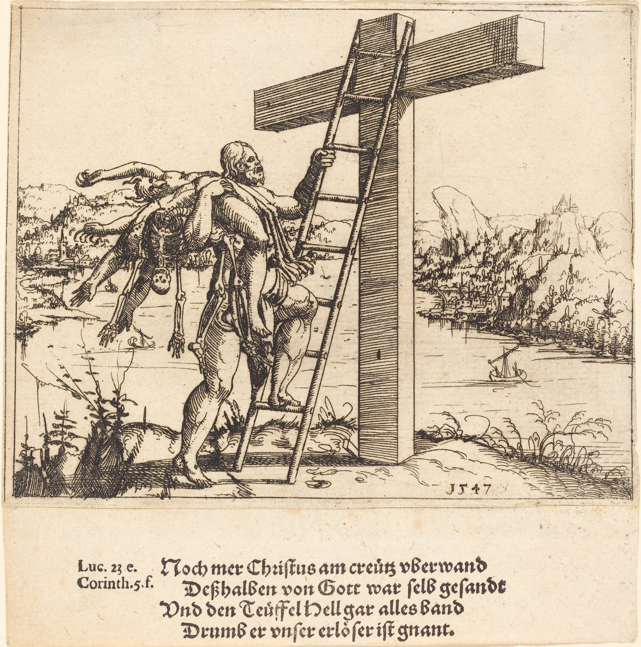 Kristus vystupuje na kříž s hříchem, smrtí a ďáblem, 1547. od Augustin Hirschvogel