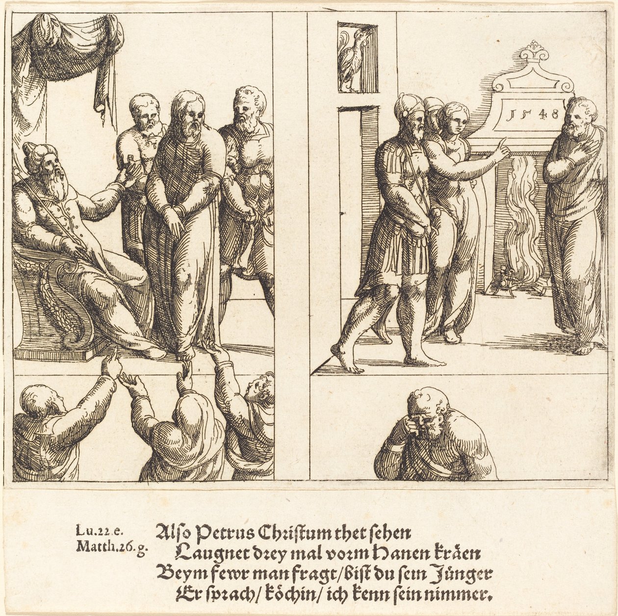 Kristus před Kaifášem a Petr zapírající Krista, 1548. od Augustin Hirschvogel