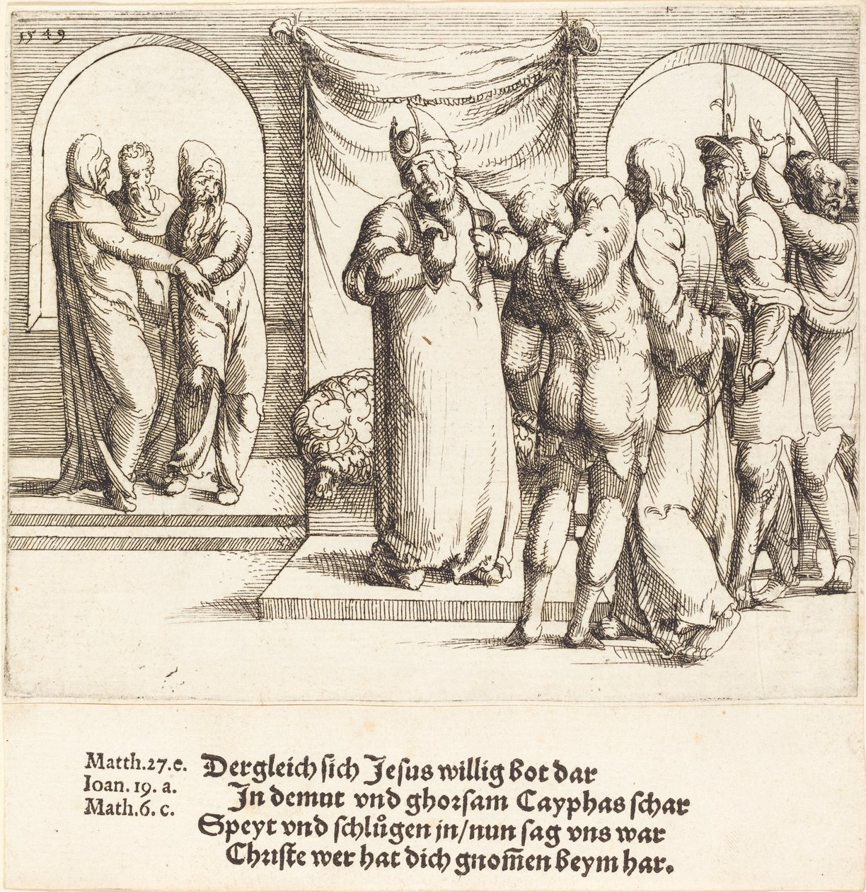 Kristus se posmívá a Kaifáš roztrhne své šaty, 1549. od Augustin Hirschvogel