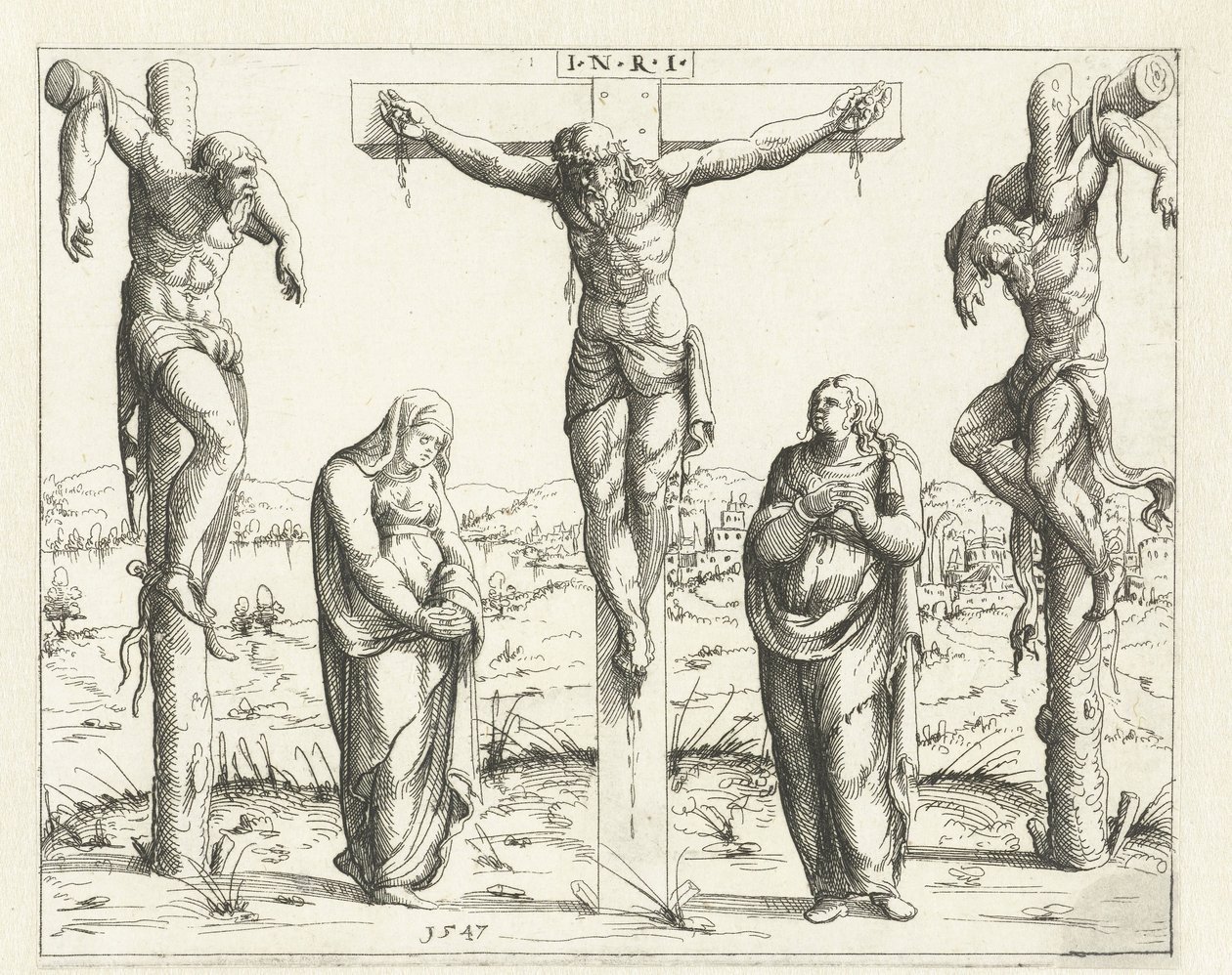 Kristus na kříži a Marie a Jan Ukřižování Shoda Starého a Nového zákona (název série) Concordants alt und news Testaments (název série) od Augustin Hirschvogel