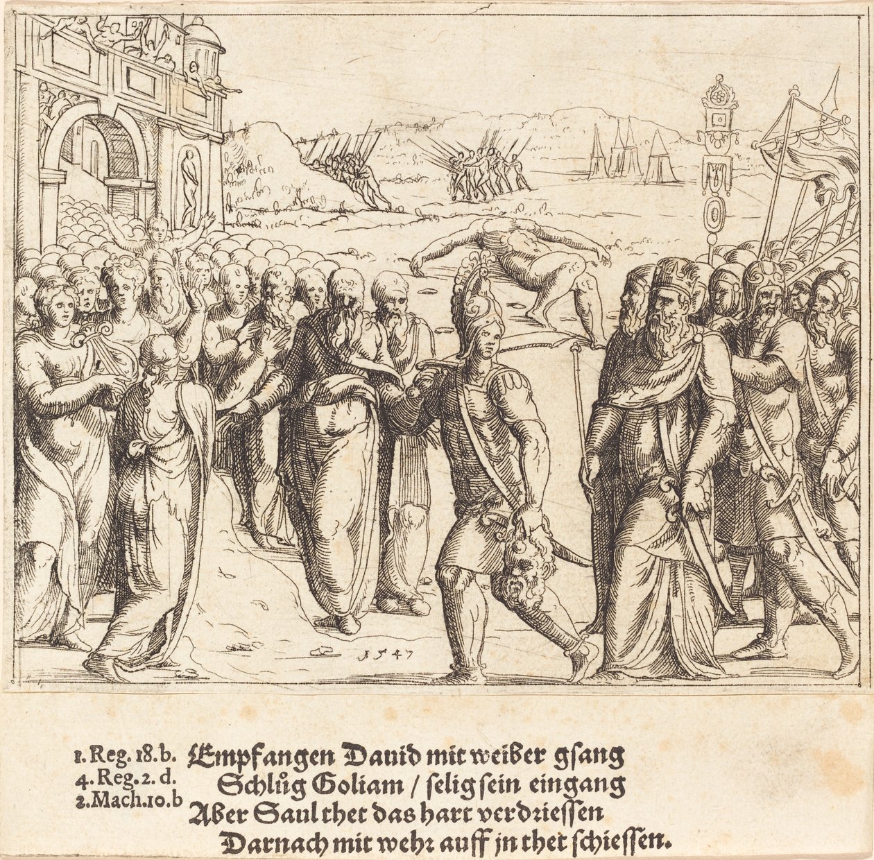 David je vítán po zabití Goliáše a Saulově žárlivosti, 1547. od Augustin Hirschvogel