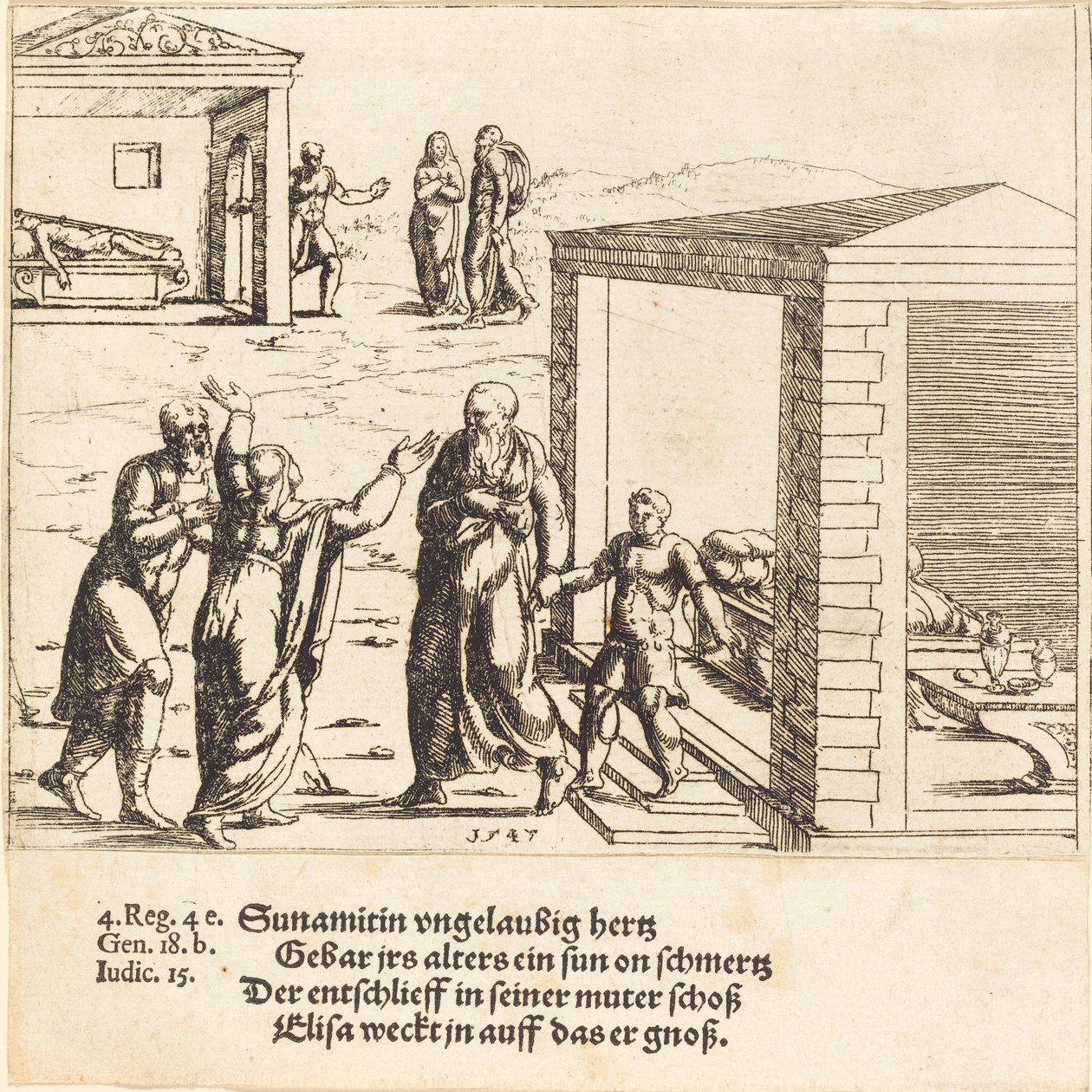 Elizeus vzkřísí syna Shunammitky, 1547. od Augustin Hirschvogel