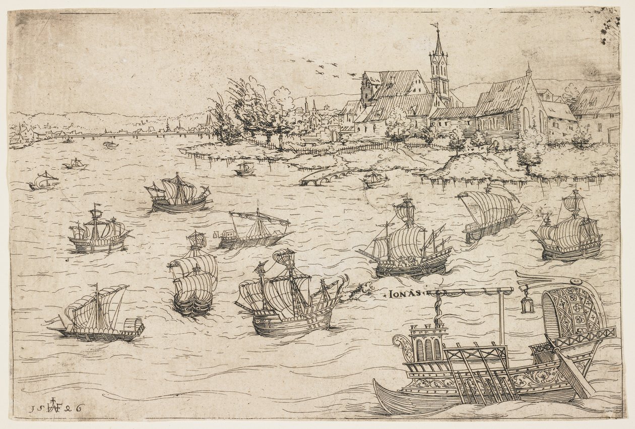 Jonáš a velryba na jezeře s plachetnicemi, 1546 od Augustin Hirschvogel