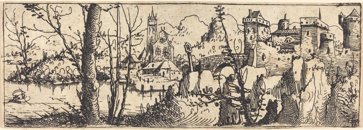 Krajina s hradem vpravo, obklopená skalami, 1546. od Augustin Hirschvogel