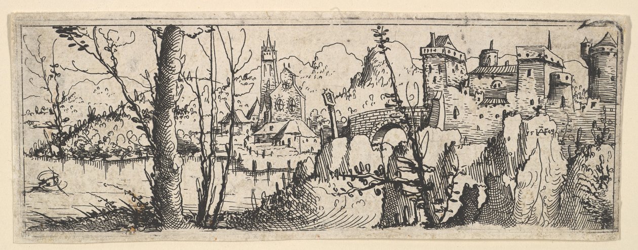 Krajina s pevností a kostelem na řece, 1545. od Augustin Hirschvogel