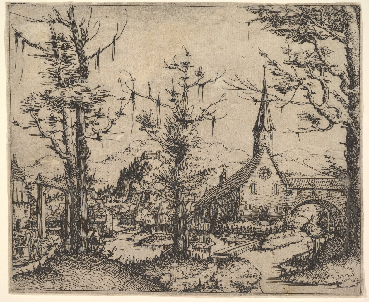 Krajina se čtyřmi stromy a kostelem vpravo, 1545. od Augustin Hirschvogel