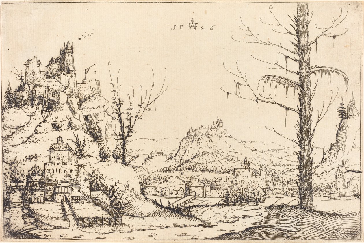 Krajina s vysokými útesy, řekou a městem, 1546. od Augustin Hirschvogel