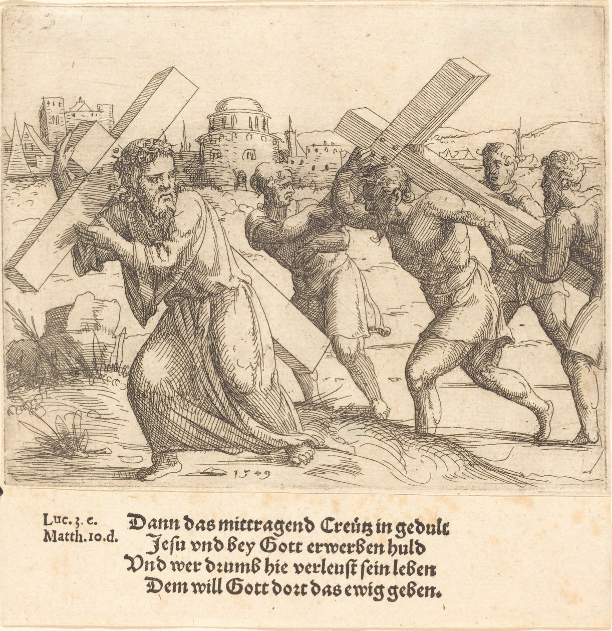 Člověk nese kříž po Kristu od Augustin Hirschvogel