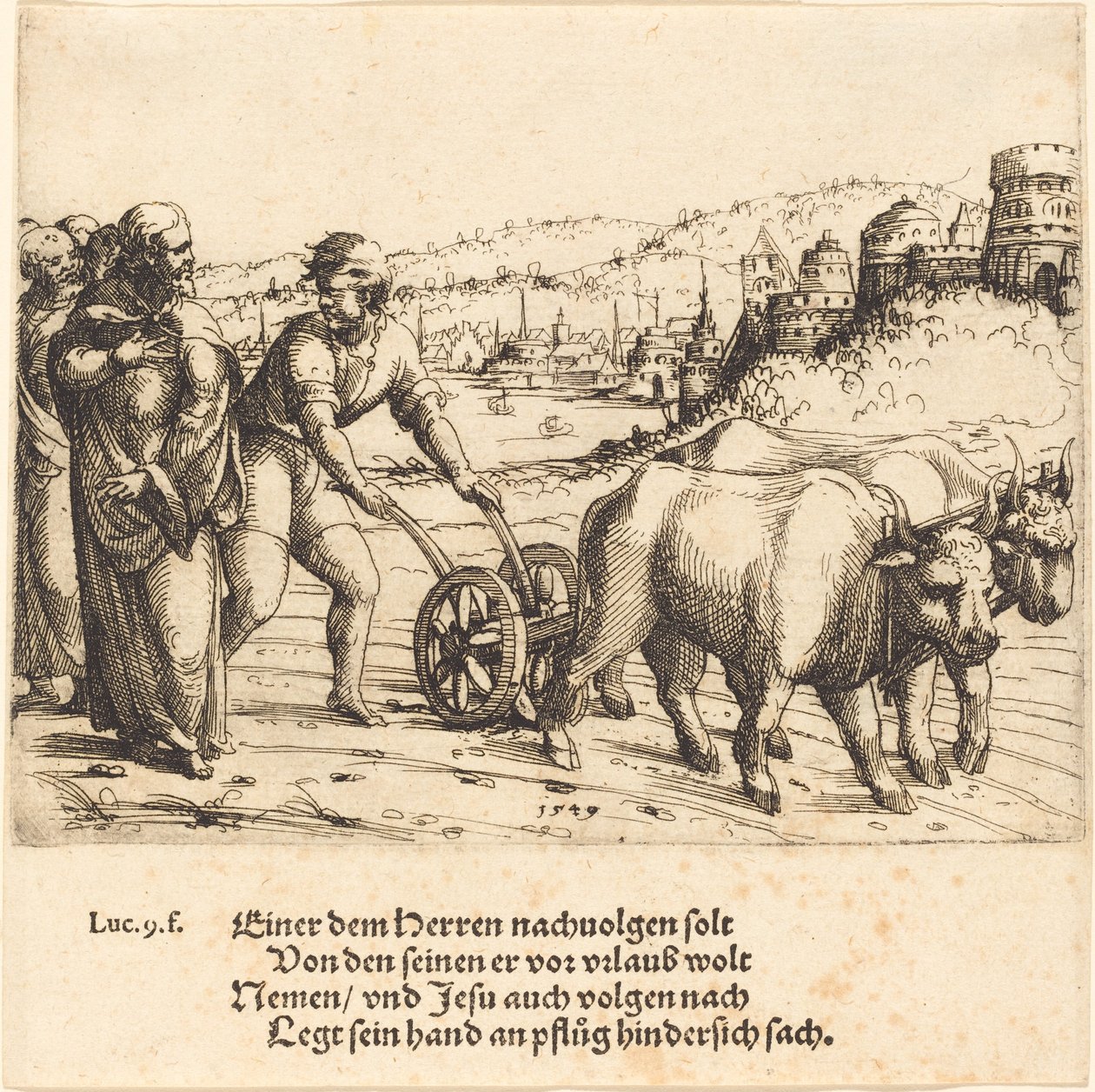 Nikdo, kdo položí ruku na pluh a ohlédne se, není následovník Krista, 1549. od Augustin Hirschvogel
