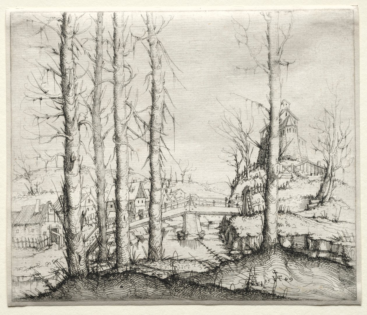 Říční krajina s pěti holými smrky v popředí, 1549. od Augustin Hirschvogel