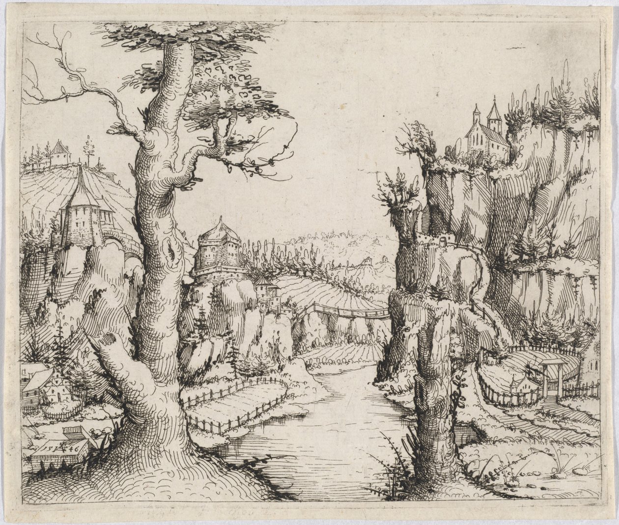 Říční krajina s vysokými útesy, 1546. od Augustin Hirschvogel
