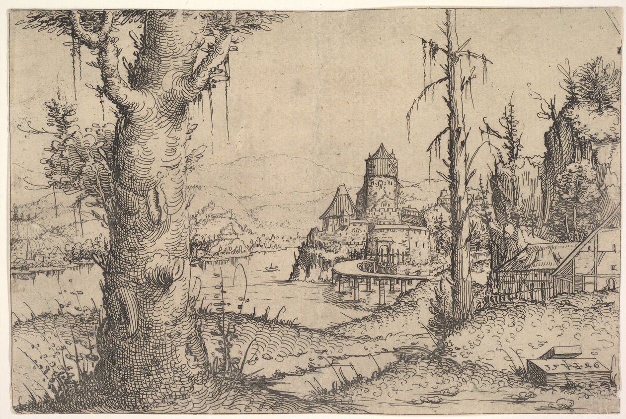 Říční krajina s velkým stromem vlevo, 1546. od Augustin Hirschvogel