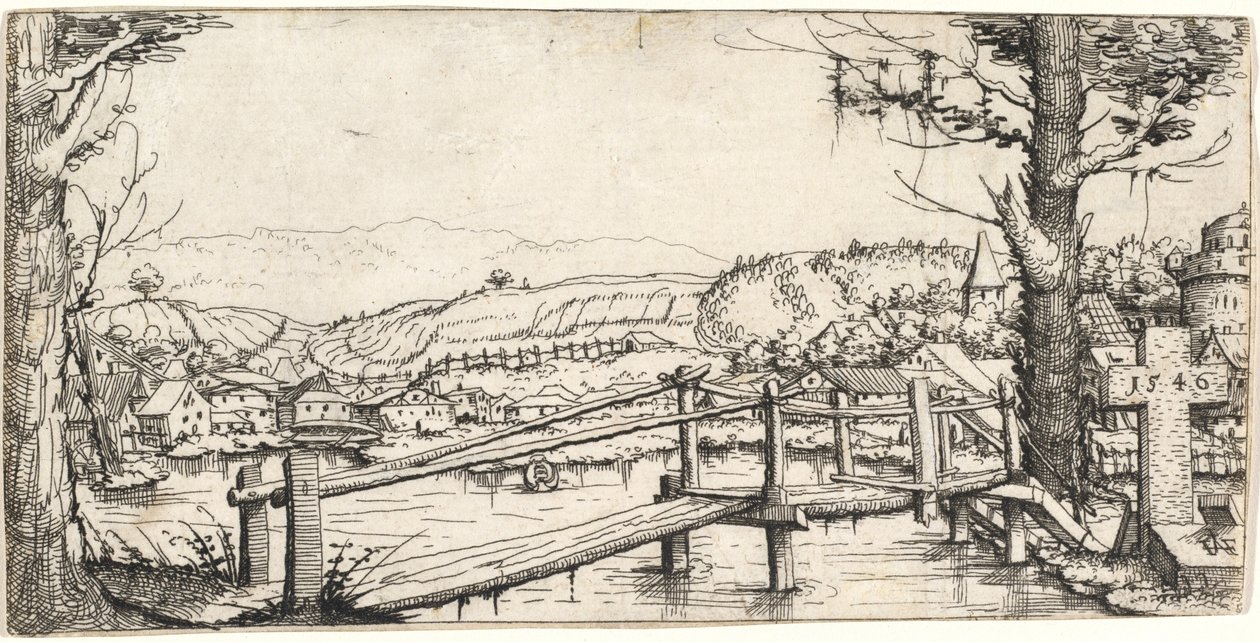 Říční krajina s lávkou, 1546. od Augustin Hirschvogel