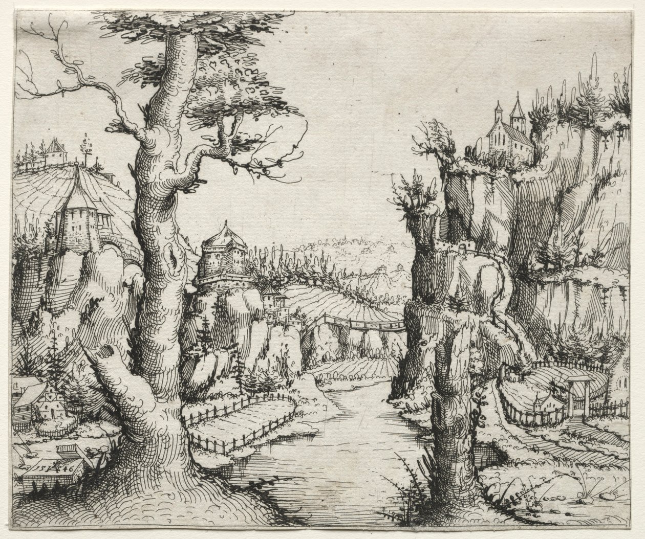 Říční krajina se skalami vlevo a vpravo, 1546. od Augustin Hirschvogel