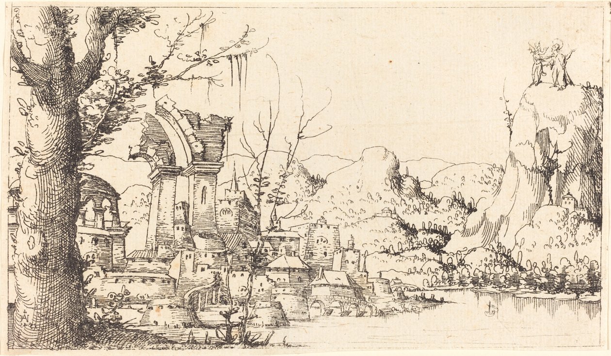 Říční krajina s pokušením Krista, 1545. od Augustin Hirschvogel