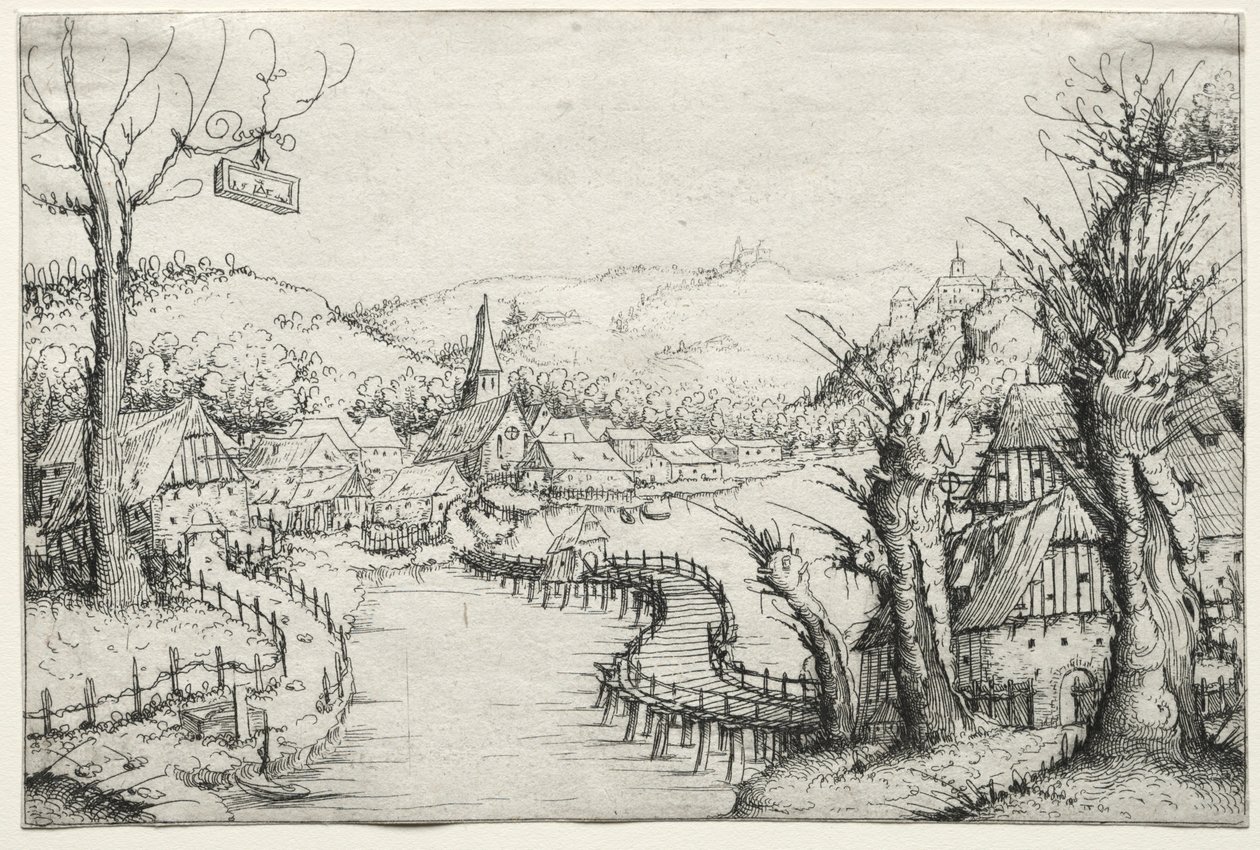 Říční krajina se třemi holými vrbami vpravo a dlouhým točitým dřevěným mostem..., 1546. od Augustin Hirschvogel