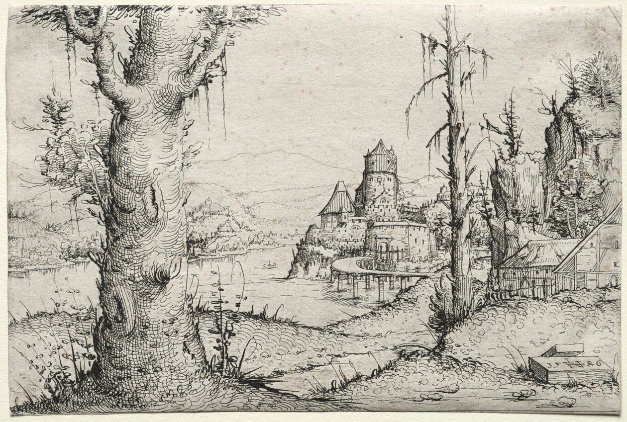 Říční krajina s velkým stromem vlevo, 1546. od Augustin Hirschvogel